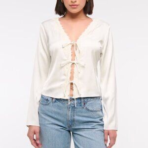 Abercrombie and Fitch Long-Sleeve Lace-Trim Tie-Front Top in Cream (Size M)